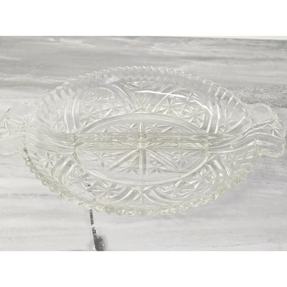 Vtg Anchor Hocking Clear Oval Divided Relish Dish Star Cut Design‎